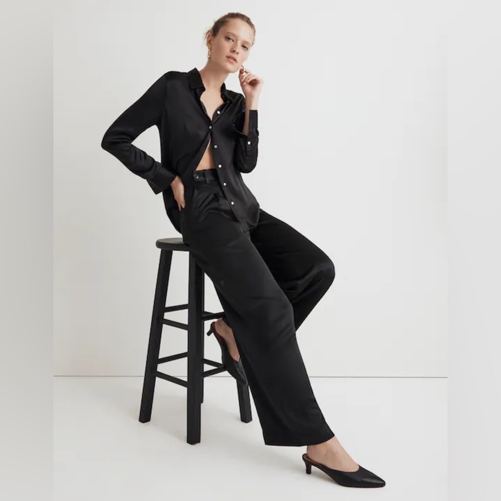 NEW Madewell The Harlow Wide Leg Pant in Satin Size 00 True Black $108 Sold Out - Picture 11 of 14